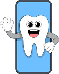 Tooth Character Waving Inside Smartphone Online Dental Care Illustration