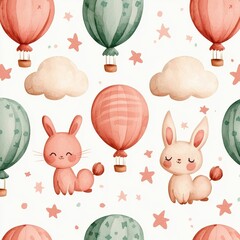 Cute Hot Air Balloons and Adorable Rabbits Pattern Design