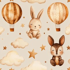 Cute Illustrations of Hot Air Balloons and Bunnies in a Dreamy Sky