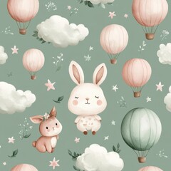 Cute Illustrations of Bunnies, Balloons, and Clouds on Green Background