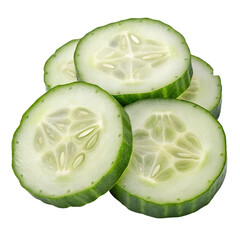 Fresh Cucumber Slices Thinly Cut, Isolated on White Background,Healthy Green Cucumber Pattern, Fresh Vegetable Slice Design