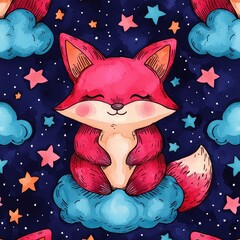 Cute Pink Fox Character Sitting on Cloud with Colorful Stars Background