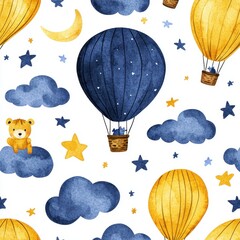 Colorful Hot Air Balloons with Clouds and Stars in a Playful Pattern