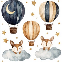 Whimsical Hot Air Balloons and Foxes in a Starry Night Sky