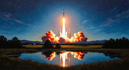 Oil on canvas of rocket launch over rural field at night, deep blues and fiery oranges, dramatic lighting