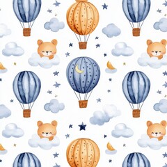 Playful Watercolor Hot Air Balloons with Cute Animal Designs