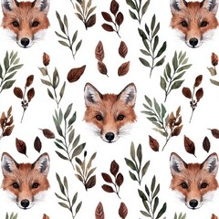 Hand-painted Fox Faces and Leaves Pattern for Nature-Inspired Decor