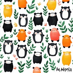 Cute Animal Characters and Green Leaves Pattern for Children's Art
