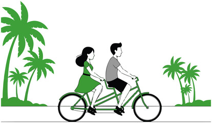 Green Tandem Bicycle with Couple and Palm Trees Illustration