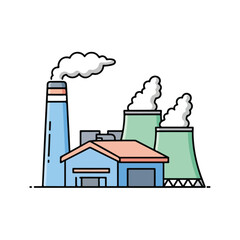 Industrial Factory Illustration Smoke Stacks, Buildings, and Clouds