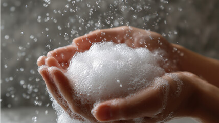 A close-up of hands holding white bubble foam, with a gray background, a clean and white bathroom environment. Ai generated