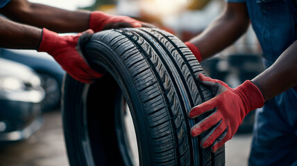 A mechanic holding up an old, worn-out tire to show the new one that was just installed by another man in red gloves and a blue shirt. Ai generated