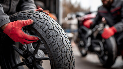 A mechanic holds up an old, worn-out tire in his hands while showing it to the customer. Ai generated