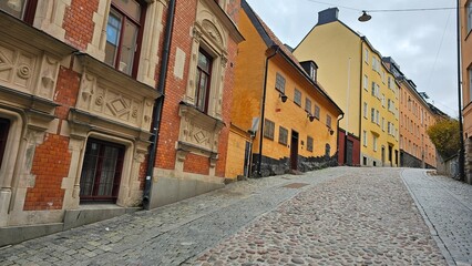 Streets and houses in the center of the old town in Stockholm, Sweden.