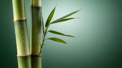 Obraz premium Fresh Green Bamboo Stalks with Water Droplets and Leaves Against a Gradient Background, Symbolizing Zen, Nature, and Wellness