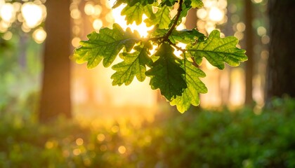 Sunlit oak leaves in a blurred forest background, backlit