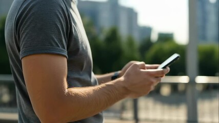 Man holding and using a smartphone outdoors, typing and scrolling messages on device screen in urban setting footage.