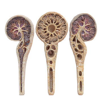 Kidney longitudinal section anatomy with vascular structures on transparent background isolated concept