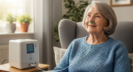 senior woman using oxygen concentrator, enjoying her time at home