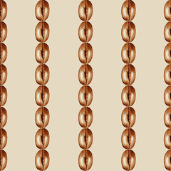 Seamless hand-painted watercolor pattern of roasted coffee beans. Great for coffee shop branding, menu design, product packaging, and cafe backgrounds.