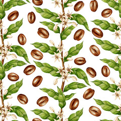 Watercolor seamless pattern featuring coffee tree branches, white flowers, and brown beans. Ideal for cafe menus, coffee shop branding, packaging, and textile design.