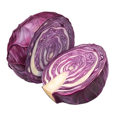 Purple Cabbage Cut in Half Showing Natural Spiral Pattern, Isolated on White Background,Red Cabbage Cross-Section with Beautiful Swirl Texture, Fresh Vegetable Design Concept