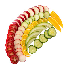 Rainbow Arrangement of Sliced Fruits and Vegetables, Colorful Composition Isolated on White Background,Vibrant Rainbow Food Layout with Fresh Fruit and Vegetable Slices, Healthy Organic Concept