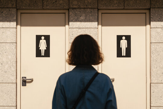 Back view of transgender woman hesitating between men&rsquo;s and women&rsquo;s bathroom doors. Concept of public restroom access and trans rights debate