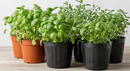A group of potted herbs in black and orange pots on a wooden table.