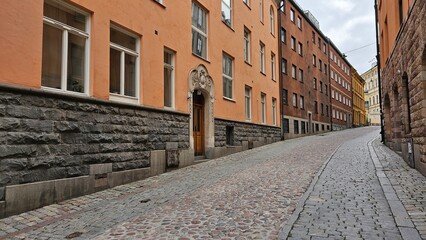 Streets and houses in the center of the old town in Stockholm, Sweden.