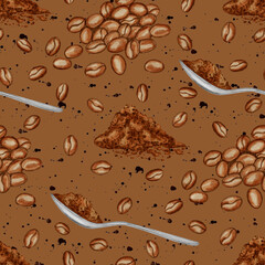 Watercolor seamless pattern with coffee beans, spoons, and ground powder. Perfect for coffee shops, packaging, cafe menus, and branding designs.
