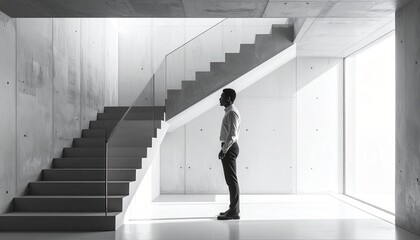 Fototapeta premium Editor Standing Near Cantilevered Staircase in Monochrome Apartment