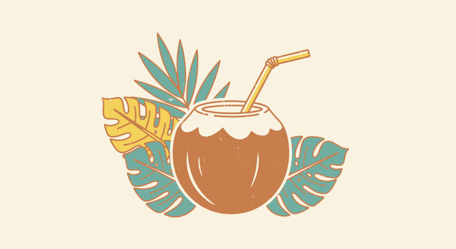 Retro style tropical coconut drink with straw and exotic foliage illustration