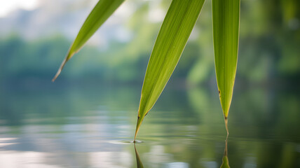 Obraz premium Zen Bamboo Leaves Dipping into Calm Water, Creating Ripples and Reflections in a Serene Natural Setting