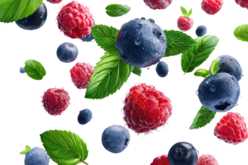 Fresh raspberries and blueberries, with leaves, falling
