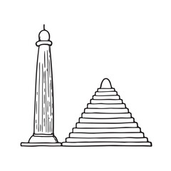 A ziggurat beside a pillar casting a long dark shadow