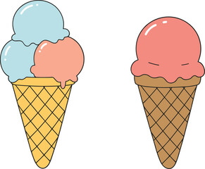Funny ice cream cones, pastel scoops, angry red scoop, cartoon dessert, summer treat, food illustration, whimsical character, kids concept