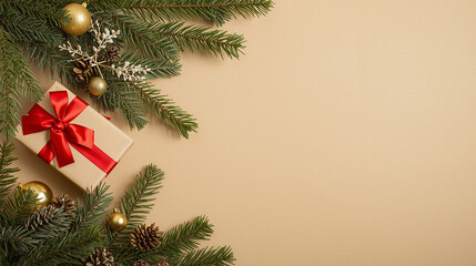 Christmas holiday background with festive pine branches, golden baubles, pinecones, and a gift box with a red ribbon on a light brown surface.