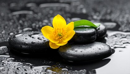 Stacked wet smooth black stones with yellow flower and green leaf