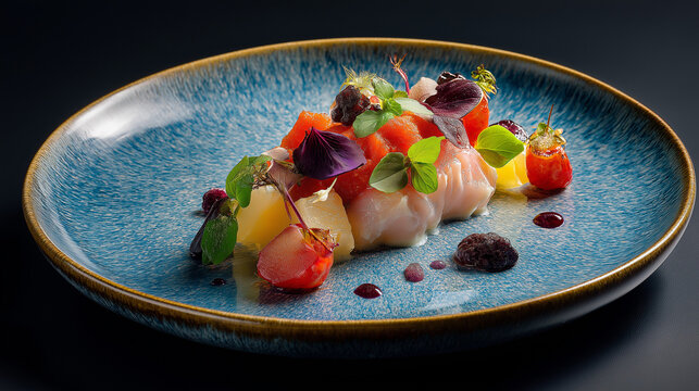 Gourmet dish elegantly presented on minimalist tableware.