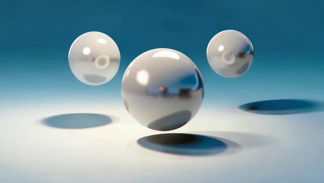 Three Reflective Chrome Spheres Floating on a Bright Blue and White Background