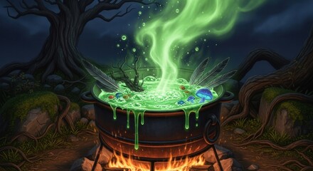 A cauldron with green liquid and green steam on a dark, forested background.