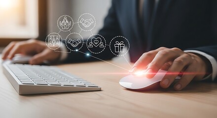 Businessman using computer mouse with digital interface icons