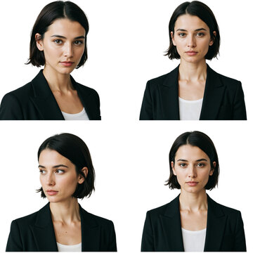 Four headshot portraits of a young professional woman diverse poses and expressions isolated on transparent background