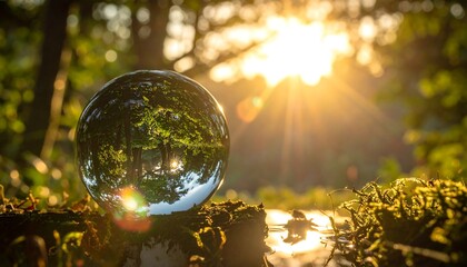 Sunny morning through a crystal ball, with a lush green forest