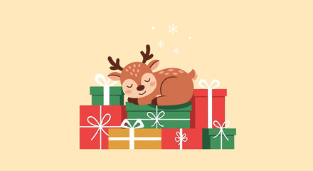 A cute baby reindeer sleeping peacefully on a large pile of colorful Christmas presents with snowflakes falling.