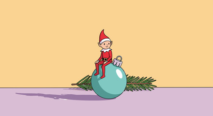 An elf wearing a red suit and hat sits on a large teal Christmas ornament with a pine branch behind it.