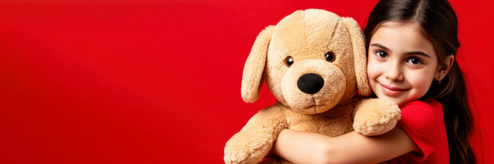 A young Hispanic girl with long dark hair hugs a plush golden retriever toy. The background is a vibrant red, creating a cheerful atmosphere.