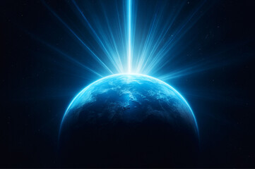 A glowing world map, outlined in bright blue light, bursts with radiating lines suggesting global connectivity and digital flow. The image evokes concepts of networking, technology, and worldwide com