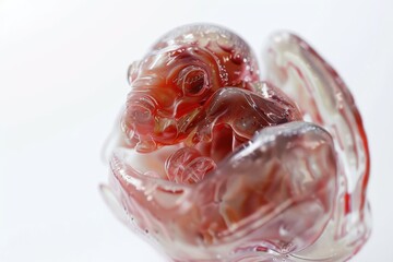Precious Birth in Resin: A delicate, miniature figure of a newborn elephant is carefully cradled within a clear resin shell, symbolizing new life, fragility, and the beginning of a journey.